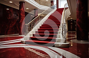 Marble stairs red carpet indoor. Generate Ai