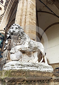 Marble statue of the Medici lion.  Since 1789, it has been exhibited in the Loggia Lanca in Florence Toscana, Italy