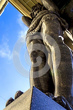 Marble statues of Atlant`s hold ceiling of New Hermitage, St. Petersburg, Russia