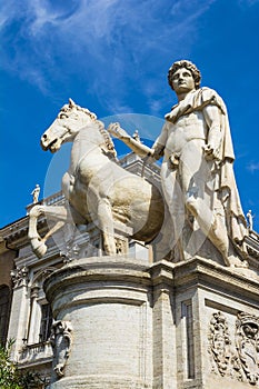 Marble statues of the Dioscuri, Castor and Pollux on the top of Capitoline Hill and Piazza del Campidoglio, Rome, Italy.