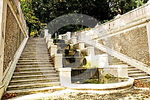 Marble steps and Fountain at the Botanic Garden (Orto Botanico),Trastevere, Rome, Italy.
