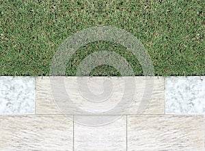 Marble Stone Pattern Sidewalk with Grasses in The Garden, Top View