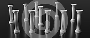 Marble stone pillar on black background. Column Ancient Greek classical style. 3d illustration