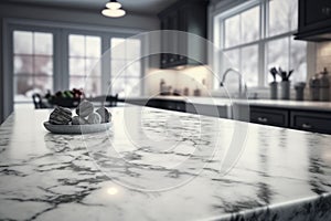 Marble stone table top with marble surface in monochrome kitchen, blur kitchen interior background. generative ai