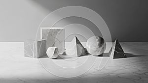 On a marble surface with visible veining casting shadows under soft