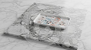 Marble surfaces create a minimalist composition