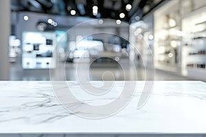 Marble table with blurred electronics store interior