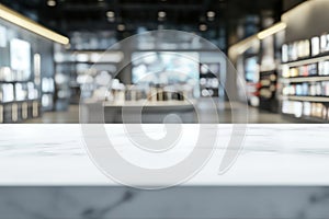 Marble table with blurred electronics store interior