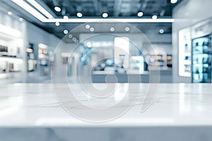 Marble table with blurred electronics store interior