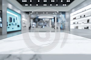Marble table with blurred electronics store interior