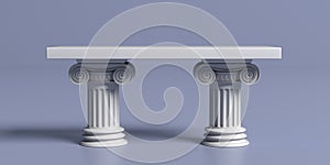 Marble table with pillar columns, classic ancient greek against blue background. 3d illustration