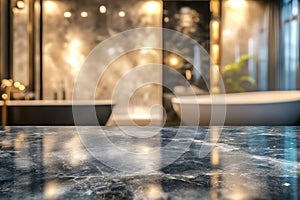 Marble table top with blurred bathroom interior