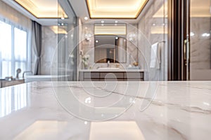 Marble table top with blurred bathroom interior