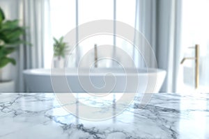 Marble table top with blurred bathroom interior