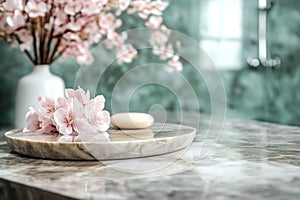 Marble table top with blurred bathroom interior