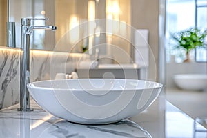 Marble table top with blurred bathroom interior