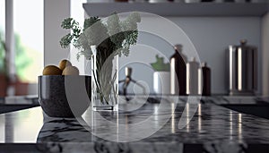 Marble table top with kitchen Background