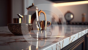 Marble table top with kitchen Background. Blurred kitchen interior background.