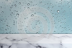 Marble table with water drops on glass texture background