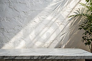 Marble table with white stucco wall background