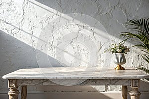 Marble table with white stucco wall background