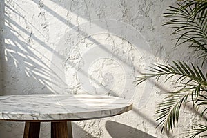 Marble table with white stucco wall