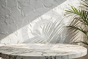 Marble table with white stucco wall