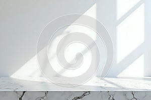 Marble Table with White Stucco Wall Texture Background with Light Beam and Shadow with copy space