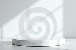Marble Table with White Stucco Wall Texture Background with Light Beam and Shadow with copy space