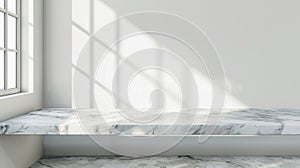 Marble table with window shadow drop on white wall background for mockup product. Generative Ai
