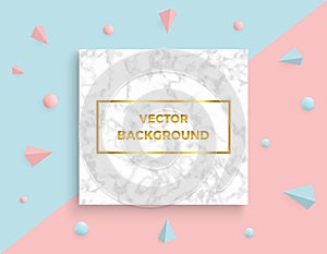 Marble texture with abstract geometric 3D elements on the pink and blue banner backgrounds. Trendy pattern minimalistic style vect