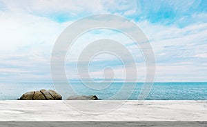 Marble texture table top over Sea Beach Ocean with Cloud and Blue Sky,Display Glossy Marble floor on Tropical Sea Beach,Rock stone