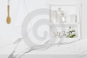 Marble texture tabletop for product display and blur bathroom wall