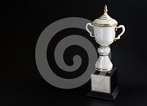 Marble trophy over black background. Winning awards with copy space for text and design.