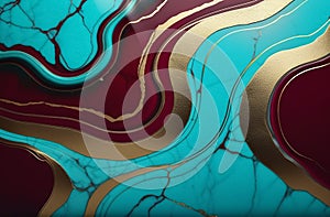 Marble turquoise gold burgundy liquid background