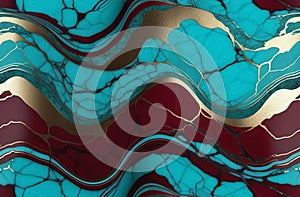 Marble turquoise gold burgundy liquid background