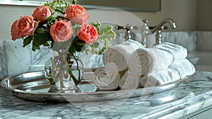 marble vanity adorned with silver tray, towels, and roses embody an elegant bathroom concept against a neutral backdrop photo