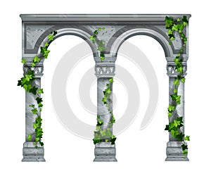 Marble vector arch illustration, stone ancient column colonnade isolated on white, green ivy leaves.