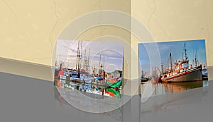 Marble wall are a panoramic photo of fishing boats and boats on