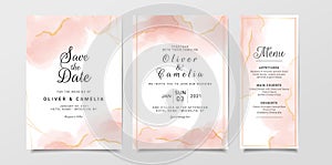 Marble watercolor wedding invitation card template set with golden line decoration. Peach abstract background save the date,
