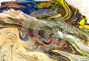 Marbled abstract background. Liquid marble pattern. Colorful marble backdrop. Golden glitter texture.