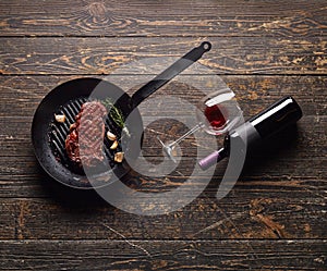 Marbled beef steak in a grill pan