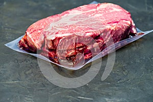 The marbled beef steak in a vacuum pack