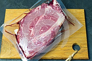 The marbled beef steak in a vacuum pack