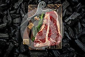marbled beef T-bone or porterhouse beef meat Steak on BBQ grill coal. Fresh meat for grilling. steak raw striploin of beef. top