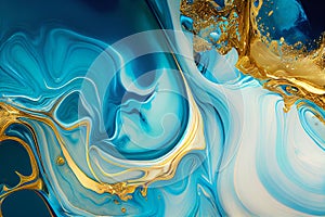 Marbled blue and golden abstract background. Liquid marble ink pattern.generative ai