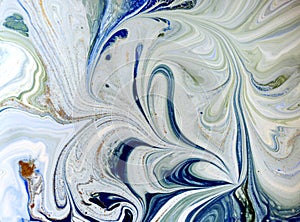 Marbled blue, green and gold abstract background. Liquid marble pattern.