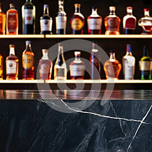 Marbled countertop contrasts with blurred background of illuminated alcoholic beverages photo