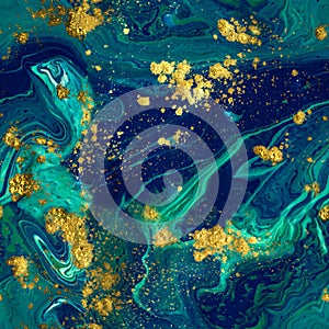 Marbled seamless background. Liquid blue marble pattern. Golden glitter texture.