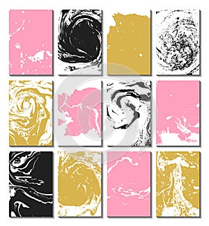 Marbling, ebru, suminagashi. Set of cards with texture, the effect of ink on the water. Abstract background. Design of cards. photo